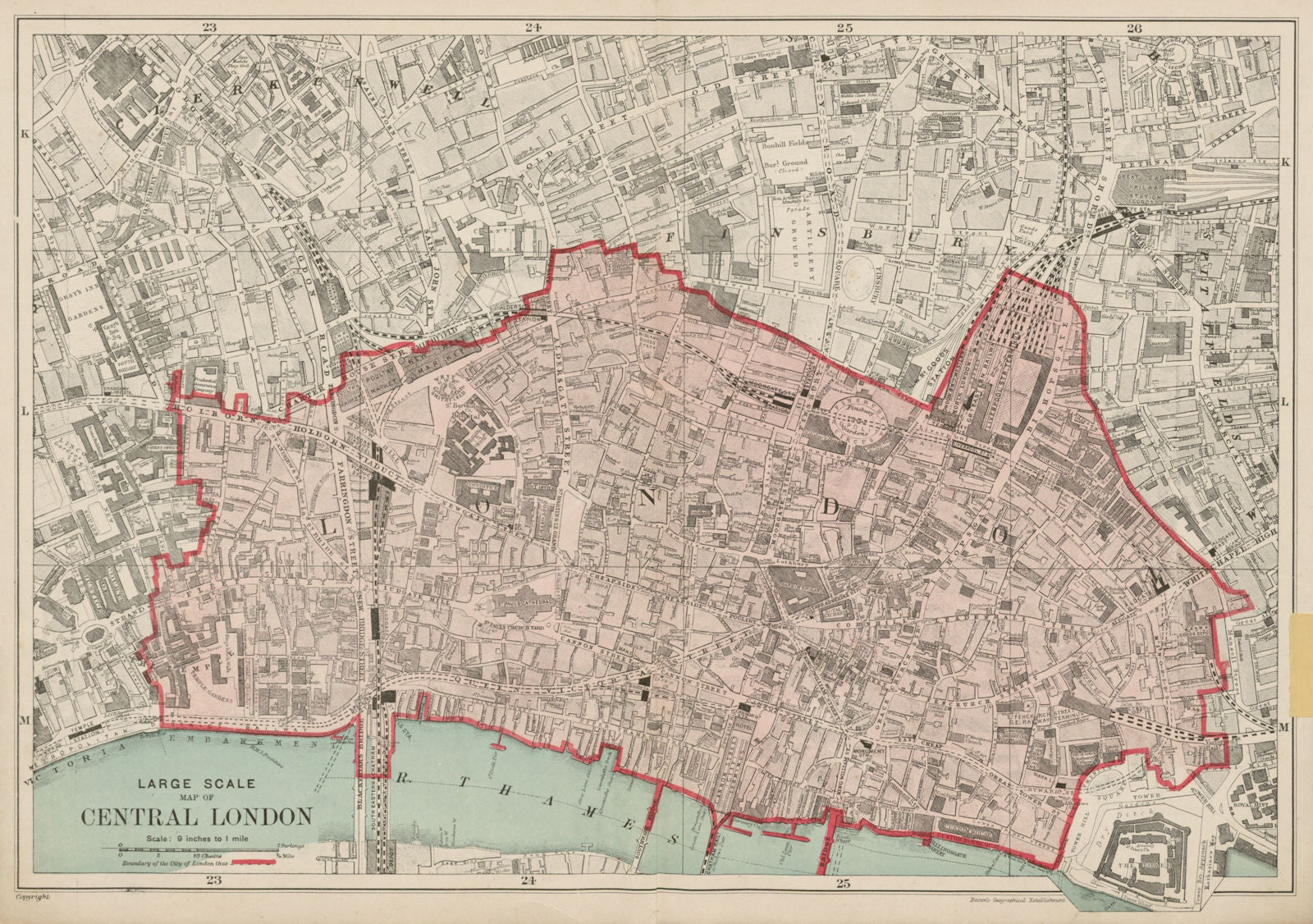 The CITY OF LONDON. The Square Mile. BACON 1919 old antique map plan chart